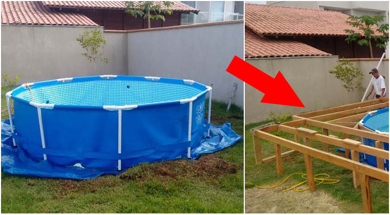 Ele não tinha dinheiro para construir uma piscina… Então o que ele fez com pouco… UAU! Impressionante! Que génio!
